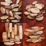 **oil painting broken abstract plates floating in slow ritualistic motion, large flat geometric shards, mask-like oval shapes instead of realistic details, muted cream and ochre tones, deep matte brick-red background, dry brush texture, visible underpainting, elongated lines, symbolic stillness, Peggy Kuiper inspired style, contemporary abstraction** - <@1247660892770795582> (fast)