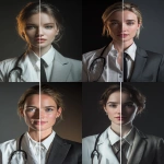 **Photorealistic portrait of a young woman standing front-facing, split symmetrically in half vertically. Left side: medical doctor wearing a white lab coat, stethoscope, calm and professional expression. Right side: high-end businesswoman look with an elegant suit and tie or blouse, subtle jewelry, confident corporate posture. Perfect seamless split between the two halves, dramatic studio lighting, dark background, ultra-detailed textures, high-definition 4K realism, strong visual contrast between the two identities --ar 3:4 --raw --v 7.0** - <@525310115033645076> (fast)