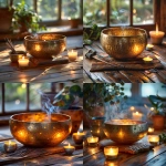 **Realistic close-up of a Tibetan sound bowl placed on a wooden meditation floor, surrounded by soft candlelight and gentle golden reflections. Two silver tuning forks rest neatly beside the bowl. Wisps of incense smoke drift in the background on a window sill The lighting is warm and diffused, with natural shadows and subtle highlights on the bowl’s rim. The setting feels calm, sacred, and minimalist no people, no clutter. Emphasize texture detail on the brass bowl, the wood grain beneath it, and the glow of the candles. Photography style: ultra-realistic, depth of field focus, peaceful atmosphere, high-resolution professional studio lighting. --v 6.0 --s 750** - <@1090630909448949831> (fast)