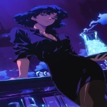 **Fuzzy 90s Anime screengrab, A night club filled with smoke and mirrors that reflect the single beauty standing back a bit walking forward, it's a woman in a business jacket and a long pencil skirt, dark brown stockings, she's carrying a tray with a large pitcher of ice that has glistening blueish square cubes inside and condensation down the glass, her hair midnight blue with purple tips and short cut hair ending around the shoulders, confident smile, narrow squinting blue eyes, pencil thin black eyebrows flat --ar 3:5 --niji 6** - Image #3 <@372629349565988865>