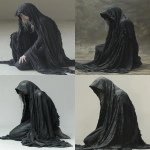 **A hooded figure in a large black textured cloak, kneeling low on the ground, body turned slightly left but showing mostly her back. The cloak drapes heavily all the way down, pooling around her and completely covering her feet. Hood up, concealing her head, with only faint pale blonde wisps of hair peeking from the sides of the hood. Fabric looks dark, heavy, and slightly weathered, not warm or shiny. Cinematic shadows, neutral backdrop for compositing. --ar 2:3 --v 6.0 --s 800 --no face, no cartoon, no anime, no 3d, no text, no gravestone, no feet visible --raw** - <@1244098075421708410> (relaxed)
