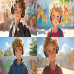 **a medium shot of a realistic illustrated happy 7-year-old Caucasian male student from America, they have a well-defined nose and a well-defined jawline, they have green eyes and curly blonde hair, they stand with their head and neck and shoulders completely square to the camera and facing forward, their entire body is facing forward, they wear a backpack, they have headphones on their head, they stand in front of a white wall with bright graffiti art spray painted on it, it is daytime, the sun is shining bright, high-definition, anime-style, --ar 16:9 --niji 6** - <@1065025086664474674> (relaxed)