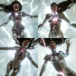 **<https://s.mj.run/YaQlSNDfcaA> a futuristic woman floating high in the air, full body visible from head to toe including stomach and thighs, seen from below as she ascends upward like a divine being, head tilted slightly up toward the light, wearing a sleek metallic chrome biomechanical bodysuit with visible joints, cables, and glowing circuits, elegant feminine curves, keeping the exact same human face, hair, and hairstyle as the reference image, eyes glowing pure white like laser light without pupils, surrounded by a storm of bright electric lightning bolts and radiant energy, pure white background glowing with divine light reflections, cinematic lighting, ultra realistic 8k, wide angle shot composition --cref <https://s.mj.run/YaQlSNDfcaA> --v 6.0 --iw 2 --cw 10 --raw** - Variations (Strong) by <@1277955868452851795> (fast)