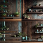 **ultra realistic background design with dark brown wood and stone materials like it's modern flat house room wall with flat surfaces and shelf edges. There are some house plants. There are turquoise gorizontal and vertical neon stripe lines on the photo providing soft lighting. 4k quality --ar 3:4 --v 7.0** - <@666660616144027648> (fast)