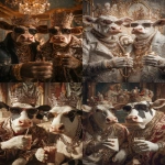 **Ultra HD profile of full body photo two gangster cows, wearing very expensive gangster clothing and jewellry, wearing crowns with lots of gems on the crown, wearing sunglasses. the two cows are at a party and are holding their arm out with drinks in their hands doing a cheers motion to celebrate. background is decorated with a royal theme. taken with a cannon eos, hyperrealistic, natural lighting --ar 2:3 --raw** - <@1103975769467789322> (relaxed)