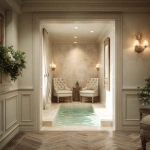 **A luxurious yet cozy master bathroom suite that flows into an intimate plunge-pool master bath. Keep the bathroom refined and serene with soft cream and ivory tones, tufted upholstered furniture, classic wall paneling, warm ambient lighting, and herringbone wood floors. Through a wide opening, reveal a small residential plunge pool inspired by the reference photos: warm travertine or limestone surfaces, tumbled stone textures, and a compact, inset pool with soft bubbling water. Include a subtle waterfall feature from the ceiling or a wall spout, illuminated by gentle recessed lighting. Add understated greenery such as potted herbs or small plants for a calm, spa-like touch. Keep the scale residential and intimate, blending the bedroom’s elegant quiet-luxury vibe with the warm, earthy Tuscan tones of the plunge-pool area. Ultra-realistic, 8k interior photography, soft and inviting atmosphere.** - Image #4 <@1098040737595138178>