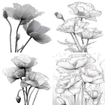 **poppies flower with layered petals rimmed in ice crystals for coloring book with crisp line and white background --ar 17:22** - <@1117434682276057091> (relaxed)