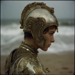 **a cinematic still of a woman with short hair in golden ancient armor, wearing an ornate gold helmet, standing on the beach facing away from the camera and looking out at the sea, with a 35mm film grain kodak color chrome effect. --ar 29:27 --v 7.0 --p 7t8d38w** - Image #3 <@995751013732581408>
