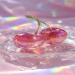 **a highly detailed crystal cherry art piece, shaped like a pair of cherries made entirely of translucent gemstone, iridescent rainbow reflections, sparkling diamond-like textures, placed on a clear glass plate, surrounded by crystal droplets, soft pastel lighting, dreamy glossy aesthetic, hyper realistic photography, fantasy luxury concept --ar 9:16** - Image #1 <@1240240057374478349>
