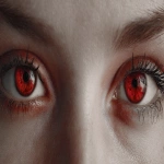 **human eyes, two, but red iris, frontal view --ar 16:9** - Image #1 <@1033258789991895111>