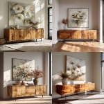 **a sideboard with wooden doors and metal legs stands below an abstract floral painting in neutral tones on the wall, showcasing a modern home decor style. the natural lighting enhances the interior design photography, providing a front view of the space. --ar 51:64** - <@1313000520759377972> (fast)