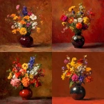 **A bouquet of wild Texan flowers in a glossy vase, warm color scheme background, painting style reminiscent of Ilya Repin.** - <@397396364566462464> (fast)