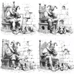 **black and white line art of a medeival court jester sitting on a king/s throne in the pose of rodin/s the thinker. The jester is wearing a jesterhat with three bulbous protrusions with bells on the tips. there is an old german shepherd dog lying down at the jester's feet laying down with its head on on a stone floor. the throne is in a castle room with stone walls that are beginning to decompose. --v 7.0** - Variations (Subtle) by <@897244946770296893> (fast)
-# Create, explore, and organize on [midjourney.com](<https://midjourney.com/imagine?from_discord=1>)