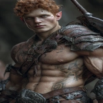 **Realistic 3d rendering. Epic battle scene. pregnant, Hyper muscular young elf with protruding stomach, handsome, tall, square jaw, short curly red hair, bright silver eyes, full bow-shaped bow-shaped, lips, defined muscles, vascular, freckles, pregnant belly, tattoos, square jaw, masculine features, handsome, short curly red hair, hyper oversized muscles, massive muscular arms, massive muscular biceps, massive muscular forearms, massive muscular legs, massive muscular thighs, massive muscular calves, hyper massive muscles, wearing leather armor, huge muscles, handsome, carrying large sword, running into battle. Realistic. --ar 9:16** - Image #1 <@1222981214734913607>