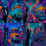 **on the left of the scene A fluffy black mini Australian shepherd with white snout spot. To the right a 1980 T3 mini bus with a trippy paint job , psychedelic glowing mushrooms and plants growing everywhere, trippy artwork, acid trip effect, bright blue background with neon orange, pink , green, turquoise and purple colors, in the style of dan mumford . --ar 9:4 --v 7.0** - <@1006545549706666017> (fast)
