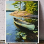 **<https://s.mj.run/fQ-4uXzqz34> an abstract acrylic painting of a georgian bay island in spring with a pale green canoe on the shore. Towering white pines and rocky shoreline. Make the sunlight at day break. strokes should be long and loose. perspective is looking at the shoreline from the water.** - Image #3 <@1149448379978489937>