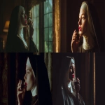 **a nun drinks chocolate tequila from a shot glas, while standing in a dark and old bedroom of 1980s, the nun is very attractive, has red lips and looks towards the window, shot from the side, photography, --ar 16:9 --v 7.0** - <@1073526258069151775> (fast)