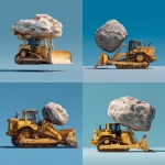 **a yellow bulldozer in profile carrying a boulder in its blade, photorealistic, against a blue background** - <@809605622495445044> (fast)