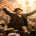 **a cheerful man in early 1900s presidential-style suit standing on a parade platform, smiling and waving to a large cheering crowd, American flags in the background, people in vintage hats waving back, warm sunlight, festive atmosphere, early 20th century street setting, cinematic lighting, historical fiction illustration --ar 9:16 --v 6.1 --raw** - Image #1 <@1354559475473973422>