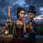 **Manon the Marionette on a date with a ventrilaquist's dummy at the Eiffel tower in the evening --ar 5:4 --v 7.0 --p 1gerk2c** - Image #3 <@404556944502685697>
