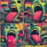 **early 1970s horror B-movie poster style UK bassline cover art, acid rave theme, dripping random objects with tongues out and sweat, chaotic mushrooms, exaggerated lighting, VHS grain, neon green and pink palette, hand-painted airbrush textures, campy sci-fi horror vibe, glowing outlines, dramatic composition, inspired by Phatworld, Mozey, Interplanetary Criminal, --ar 1:1 --v 7.0 --s 850 --q 2 --raw** - Variations (Strong) by <@289277077293760513> (fast)