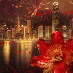 **A majestic golden bauhinia flower blooming over Hong Kong's skyline at dusk, Victoria Harbor reflecting fireworks in red and gold, hyper-detailed 8K resolution, cinematic lighting, traditional Chinese ink painting elements blending with modern metropolis, celebratory atmosphere with ‘7.1’ in glowing calligraphy style, view from The Peak perspective, warm golden hour tones mixed with deep red accents, Hong Kong cultural symbols like lion dance ribbons and neon signs subtly incorporated, ultra-realistic with fantasy elements, trending on ArtStation, composition balanced between Chinese patriotism and Hong Kong identity. --v 6.0 --raw** - Image #2 <@978112526753615893>