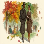 **a vintage illustration of an african american couple in love, walking hand-in-hand through the park on their first date during autumn. the man is dressed in classic mid-century attire with a long coat and hat, while his female companion wears elegant period-appropriate . they both have smiles as they explore nature's beauty in the fall. in the background, trees show leaves changing colors, with people sitting and enjoying the sun, and falling red, orange, green, and brown leaves. --ar 64:35 --v 7.0** - Image #3 <@1142201622697623682>