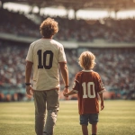 **father and son at the football stadium, holding hands, the father is wearing tennis pants, both wearing striped team shirts with the number ten on the back, full body, fans behind, showing the lawn, sunny day, natural light** - Image #3 <@450124934837043201>
