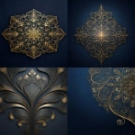 **Elegant Gold Filigree Design On Dark Blue Background hyper realistic, no logos, no brands --ar 3:4** - <@1294901411250700358> (59%) (relaxed)