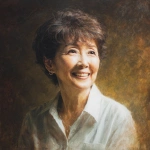 **Yoko Hada, a Japanese woman in her early 60s. Her hair is short for a woman, with a slight brown tint. She smiles gently, her eyes soft and embracing. She has a slightly plump figure but is short in stature. Portrait. Oil painting style. --v 7.0** - Image #2 <@1105655477741813870>