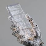 **iphone17, straight on, held by a semi-transparent robot hand made of coding lines --v 7.0** - Image #3 <@1048326817838280714>