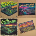 **Distressed horror-comic postcard design, "Greetings from I Hate This Place" in bold retro type, vivid neon-tinted palette with muted shadows, surreal isometric landscape ruined ranch, haunted fields, twisted forest edges, glowing cult symbols carved into stone, mutated creatures lurking in fog twilight lighting with eerie fog, vintage postcard paper grain, torn edges, unsettling yet stylish 1980s horror aesthetic faithful to the game’s promotional art** - <@724956418507014146> (fast)
