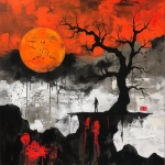 **fumarole eerie painting with a color scheme of monochromatic black and white with a pop of Color. The painting uses cross-hatching and palette knife techniques, inspired by analog horror, grunge Polaroids, ukiyo-e and retro Japanese horror. The mood is mysterious and unsettling --niji 6 --p k463ai2 --raw** - Image #4 <@948741381743083580>