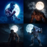 **a werewolf / in the form of a full body handsome vascular masculine man / exhibiting savage rapacious hunger / for human life spirit / brightly illuminated by / a brilliant full moon in a nighttime sky / full length view --no women, girls, females --s 50** - <@1080572898269466724> (fast)