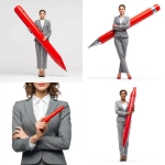**a female office manager in a gray pantsuit, holding a humungous red pen. On a white background.** - <@1161376171972382821> (fast)