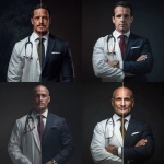 **Photorealistic portrait of a man standing front-facing, split symmetrically in half vertically. Left side: medical doctor wearing a white lab coat, stethoscope, professional calm expression. Right side: corporate golden-boy look with elegant suit and tie, luxury watch, confident business posture. Perfect seamless split between the two halves, dramatic studio lighting, dark background, ultra-detailed textures, high-definition 4K realism, powerful contrast between the two** - <@525310115033645076> (fast)