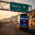 **photograph of a volkswagen ID Buzz driving way passing under a highway destination sign that says, "Road to 110". the highway sign is over a country highway. The ID Buzz is royal blue with gold accents with a rear license plate that says, "110" --v 7.0 --ar 16:9** - Image #3 <@1061750239708577893>