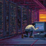 **in 16-bit pixels, similar to Sonic the Hedgehog 2, a data center room at night where a mysterious individual is overlooking a computer as he waits for the download the progress bar to complete. He is holding a phone in his hand while he attempts to plug in another USB drive into the server** - Image #3 <@494952445336616960>