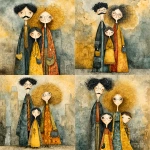 **whimsical photorealistic illustration of a fathers d mother with their girl and boy, father has black hair and a moustache, he’s wearing glasses, mother has curly blonde hair and she’s wearing glasses girl has dark brown hair and she’s wearing glasses, son has brown hair and is older and taller than the young girl --v 7.0 --p b3kgthr --s 750** - Variations (Strong) by <@520759084903956481> (fast)
