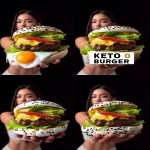 **<https://s.mj.run/f-2e9tfy9B8> unveil a new hamburger called "KETO BURGER" advertisement for a burger with double burger patty and melted cheese and a big piece of butterleaf lettuce and a big slice of tomato in a white bun made from egg whites with black and white sesame seeds on the bun, the bun looks like an omelette made from the white part of the egg only, dark background --no paper under the burger --no fried egg --v 7.0 --ar 2:3** - Variations (Region) by <@1103975769467789322> (relaxed)
-# Create, explore, and organize on [midjourney.com](<https://midjourney.com/imagine?from_discord=1>)