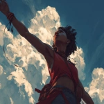 **low angle camera view, a character illustration, a black young muscular woman, she is looking to the sky and trying to reach out the clouds, craig mullins style --ar 4:3** - Image #2 <@942102369683001474>
