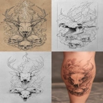 **tattoo design of a skull deer with an open jaw, surrounded by smoke and lightning, with two skulls at the bottom, in the style of a pencil drawing. --ar 9:16** - <@1038926751054696569> (fast)