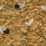 **Seamless repeat textile fabric design, inspired by a vintage embroidered silk quilted jacket, depicting cranes and flowering branches with dense floral fields. Motifs appear as if stitched into the fabric using satin stitch, couching, and French knot techniques, with softly raised, padded thread texture and refined dimensionality. Background resembles woven silk or linen ground, matte and warm. Color palette mirrors antique embroidery: muted mustard gold, blush pink, dusty rose, moss green, ivory, charcoal, and soft black. Composition is rich but balanced, with continuous floral coverage and flowing bird motifs, designed as luxury embroidered yardage rather than a finished garment. Museum-quality textile, heirloom sophistication, flat lay fabric view, no jacket shape, no seams, no garment construction, seamless repeat, ultra high resolution --tile --ar 1:1 --v 6.0 --no jacket, coat, kimono, sleeves, hanger, garment, mannequin, fashion photography, model, photorealism, costume, novelty, cartoon, illustration, watercolor, oil painting, digital brushstrokes --raw** - Image #1 <@1054266890899443812>