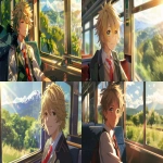 **highly detailed anime style, young male character with messy blonde hair, wearing a school uniform with a red tie, sitting by the window of a train, gazing outside with a soft smile, sunlight streaming through the window, casting warm golden light on the character's face, vibrant green trees and distant mountains visible through the window, cinematic depth of field, realistic shadows and lighting, warm and peaceful atmosphere, intricate textures, high resolution, 8k quality --ar 16:9 --v 6.0** - <@1260569762367406171> (relaxed)