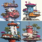 **Exterior of a mid size sci-fi floating city in the sky facility with a modern design and accent colors of greyish-blue, beige, red and purple inspired by brutalism, referenced to 1980s tokyo modern small house, wild postapocalyptic nature, plants trees around, various communication antenna, powered by small nuclear engine, intricate details, concept, drawing, 3d environment, ultrarealism, ultra detail, hyperrealism, fine detail, --ar 9:16 --s 350** - <@1043498067623686144> (fast)