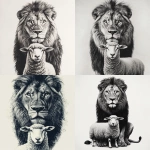 **photo realism. Black and grey design. Male lion posing with a sheep. Sheep is standing in front of lion with lion head towering over. Both animals looking at camera. Clean lines, clean shading. White background --v 6.1** - <@651578269954736176> (fast)