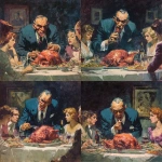 **a mad man in a business suit devouring the turkey on thanksgiving while his family is sitting at the table in disgust. Create in the artistic style of Richard Corben** - Variations (Strong) by <@1101878465432670228> (fast)