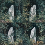 **phantom woman with a white vaporous dress , covered with a veil, floating between the trees melancolic, scary, sad, gouache painting --v 7.0** - Variations (Strong) by <@1282363709964025901> (fast)