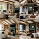 **editorial photo of a cozy moody traditional-modern living room with ribbed glass-fronted and oak ribbed shaker cabinetry with brass sleek cylindrical handles, an exotic forest green granite fireplace with bold veins, white modern sofa and accent chairs, large ribbed oak coffee table, beige knitted throw blankets and throw pillows, black ribbed round end tables, Natural oak plank flooring with a traditional light green rug, oak ceiling beams. ARRIFLEX 35 BL camera, high definition quality, Canon K35 Prime Lens, bright and airy --ar 4:5 --raw** - <@1230559318680670299> (fast)