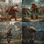 **A man in a light brown medieval tunic, light blue leggings, and red boots, wearing a red cap, is sneaking away while looking over his shoulder with a suspicious and alert expression. He is holding five thick golden swords tightly in his arms as if stealing them, while two more golden swords stand upright behind him stuck into the ground. The scene is set in a medieval fantasy encampment with tents and flags in the background. The environment is dimly lit with magical, golden cinematic light and soft atmospheric haze. Ultra-realistic textures, detailed fabrics, lifelike skin and expressions. The entire scene looks like a still from a high-budget fantasy movie in a cinema. No text, no tarot frame, just immersive fantasy realism --ar 7:12 --v 7.0 --quality 2 --raw** - <@1082409841915601038> (relaxed)